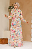 Çiçek Desenli Sarı Tesettür Elbise 27984SR