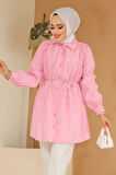 Düğmeli Pembe Tesettür Tunik 10025P
