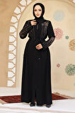 Desenli Siyah Tesettür Abaya 45302S