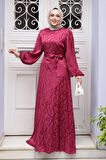 Desenli Bordo Tesettür Elbise 23272BR