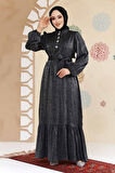Taş Detaylı Siyah Tesettür Jakar Elbise 23891S