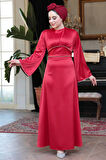 Saten Kırmızı Tesettür Abiye Elbise 61592K