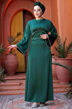 Saten Zümrüt Yeşili Tesettür Abiye Elbise 61592ZY