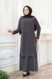 Boncuk İşlemeli Füme Tesettür Abaya 29120FU