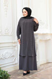 Boncuk İşlemeli Füme Tesettür Abaya 29120FU