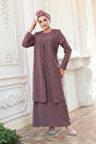 Boncuk İşlemeli Gül Kurusu Tesettür Abaya 29119GK