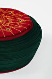 Talebe Sarığı - Yeşil Kumaş - Bordo Takke - Yuvarlak Sarım - Kuş Gözü - 7 metre