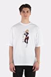 Unisex Beyaz Oversize T-shirt Dragon Ball - Android 18 In Action