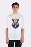 Unisex Beyaz Oversize T-shirt Scary Viking Skull Horn Helmet