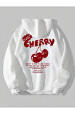 Kız Çocuk Beyaz Kapüşonlu Cherry Baskılı Sweatshirt