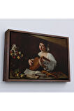 Ahşap Çerçeveli Caravaggio - Latva Çalan Kadın Tablo-7143