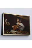 Ahşap Çerçeveli Caravaggio - Latva Çalan Kadın Tablo-7143