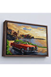 Ahşap Çerçeveli Sahildeki Kırmızı Klasik Otomobil Tablosu-7201