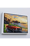 Ahşap Çerçeveli Sahildeki Kırmızı Klasik Otomobil Tablosu-7201