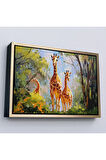 Ahşap Çerçeveli Ormandaki Ağaçların Altında Dinlenen Zürafa Aile Tablosu-7228