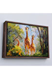 Ahşap Çerçeveli Ormandaki Ağaçların Altında Dinlenen Zürafa Aile Tablosu-7228