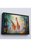 Ahşap Çerçeveli Ormandaki Ağaçların Altında Dinlenen Zürafa Aile Tablosu-7229