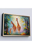Ahşap Çerçeveli Ormandaki Ağaçların Altında Dinlenen Zürafa Aile Tablosu-7229