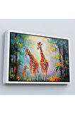 Ahşap Çerçeveli Ormandaki Ağaçların Altında Dinlenen Zürafa Aile Tablosu-7229