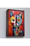 Ahşap Çerçeveli Pablo Picasso Tarzı - Soyut Renkli Kedi Tablo-7372