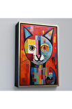 Ahşap Çerçeveli Pablo Picasso Tarzı - Soyut Renkli Kedi Tablo-7372