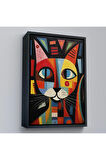 Ahşap Çerçeveli Pablo Picasso Tarzı - Soyut Renkli Kedi Tablo-7374