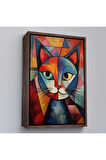 Ahşap Çerçeveli Pablo Picasso Tarzı - Soyut Renkli Kedi Tablo-7375