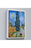 Ahşap Çerçeveli Vincent Van Gogh - Selvili Ve Yıldızlı Yol Tablo - Road With Cypress And Star-7443