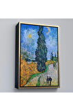 Ahşap Çerçeveli Vincent Van Gogh - Selvili Ve Yıldızlı Yol Tablo - Road With Cypress And Star-7443