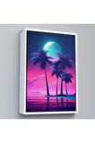 Ahşap Çerçeveli Geceyarısı Palmıye Ağaçları Manzarası Tablo-7552