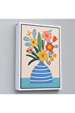 Ahşap Çerçeveli Minimalist Çiçek Mavi Vazoda Renkli Buket Tablosu-7664
