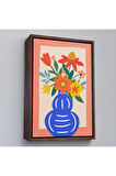 Ahşap Çerçeveli Minimalist Çiçek Mavi Vazoda Renkli Buket Tablosu-7666