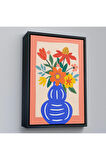 Ahşap Çerçeveli Minimalist Çiçek Mavi Vazoda Renkli Buket Tablosu-7666