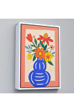 Ahşap Çerçeveli Minimalist Çiçek Mavi Vazoda Renkli Buket Tablosu-7666