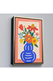 Ahşap Çerçeveli Minimalist Çiçek Mavi Vazoda Renkli Buket Tablosu-7666