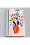 Ahşap Çerçeveli Minimalist Çiçek Mavi Vazoda Renkli Buket Tablosu-7668