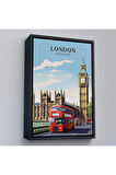 Ahşap Çerçeveli Londra Şehir Manzarası Ve Kırmızı Otobüs Tablosu-7712