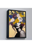 Ahşap Çerçeveli Çiçek Başlı Soyut Kadın Tablosu-7831