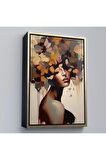 Ahşap Çerçeveli Çiçek Başlı Soyut Kadın Tablosu-7832