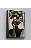 Ahşap Çerçeveli Çiçek Başlı Soyut Kadın Tablosu-7833