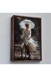 Ahşap Çerçeveli Şemsiye İle Bisiklet Süren Güzel Kadın Tablo-7860