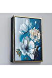 Ahşap Çerçeveli Mavi Ve Beyaz Çiçekler Tablosu-7885