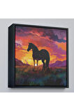 Ahşap Çerçeveli Gün Batımındaki At Tablosu-8353
