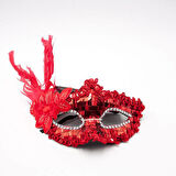 Kırmızı Payetli Pullu Tüylü Parti Maskesi