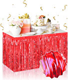 Kendinden Yapışkanlı Kırmızı Metalize Püsküllü Masa Eteği – 75 x 275 cm Parti Süslemesi