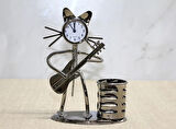 Metal Gitar Çalan Kedi Müzisyen Saat Ve Kalemlik Alk4345