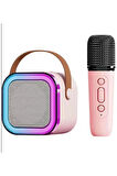 Karaoke Kablosuz Hoparlör Mikrofonlu Rgb Işıklı Bluetooth Speaker Tf Kart/usb Pembe