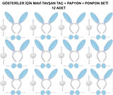 Mavi Tavşan Kostüm Seti – Taç, Papyon, Ponpon (12’li Paket)