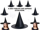 Halloween Siyah Renk Parlak Dralon Cadı Şapkası Yetişkin Ve Çocuk Uyumlu 6 Adet
