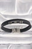 316L Çelik Gümüş Renk Gemi Dümeni Figür Siyah Burgu Deri Kordon Model Erkek Bileklik